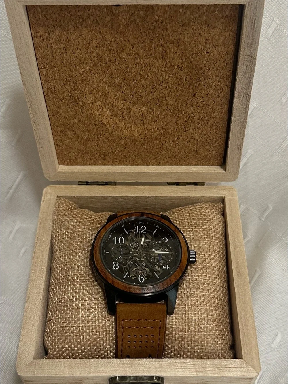 Avant Wood Automatic Men's Skeleton Dial Watch with Brown Leather Strap